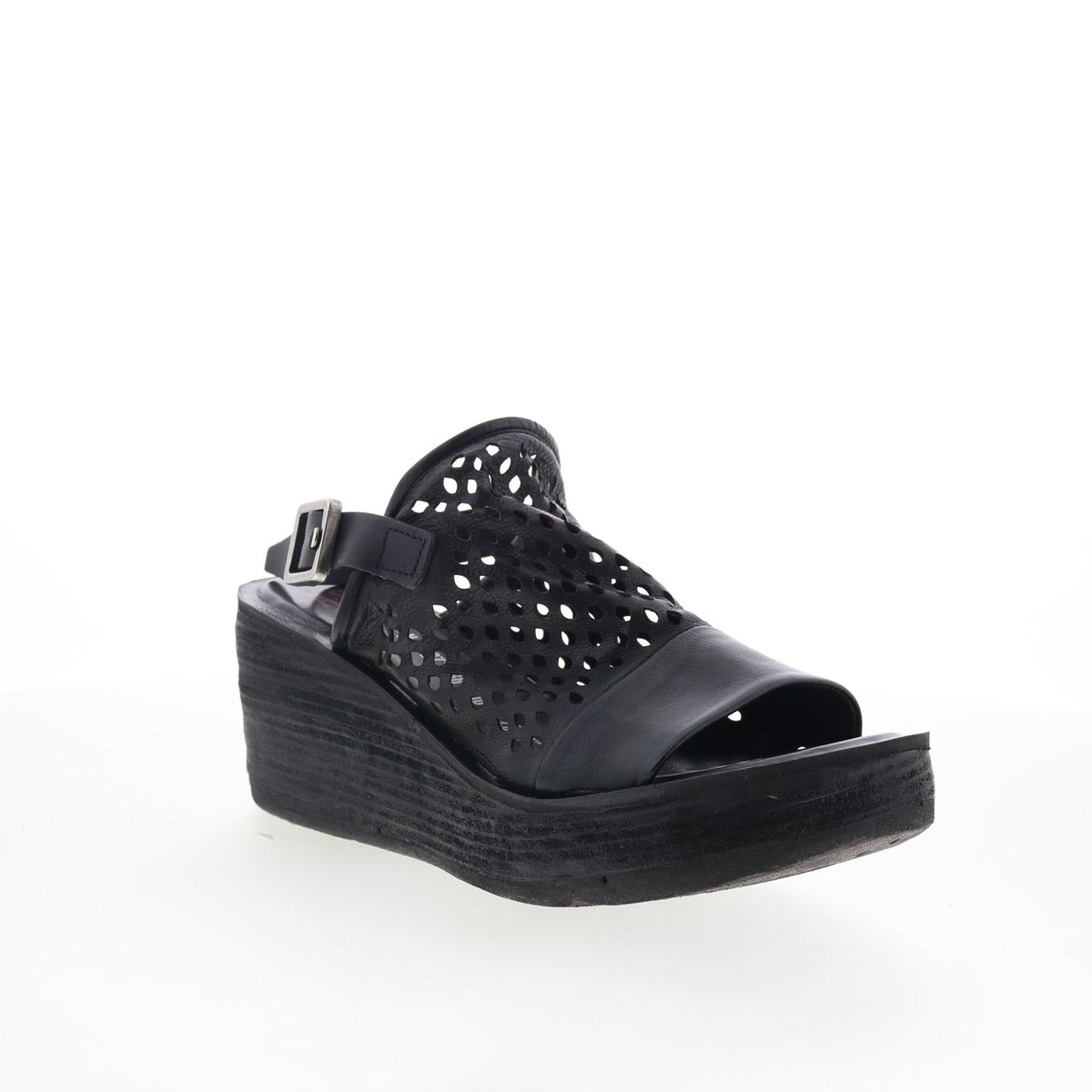 Normie Womens Black Leather Hook & Loop Wedges Sandals Shoes